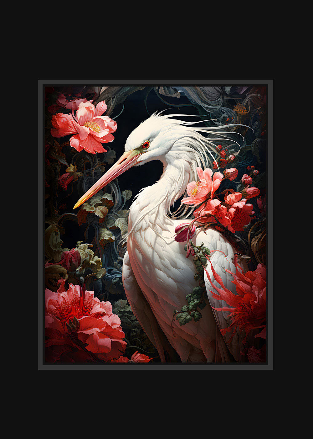 Crane Red Blooms - Framed Canvas